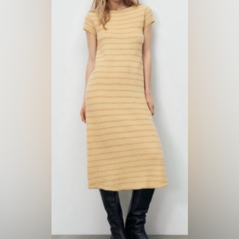🆕Zara Golden Yellow Wool Blend Midi Knit Sheath Sweater Dress w/ Contrast SZ L